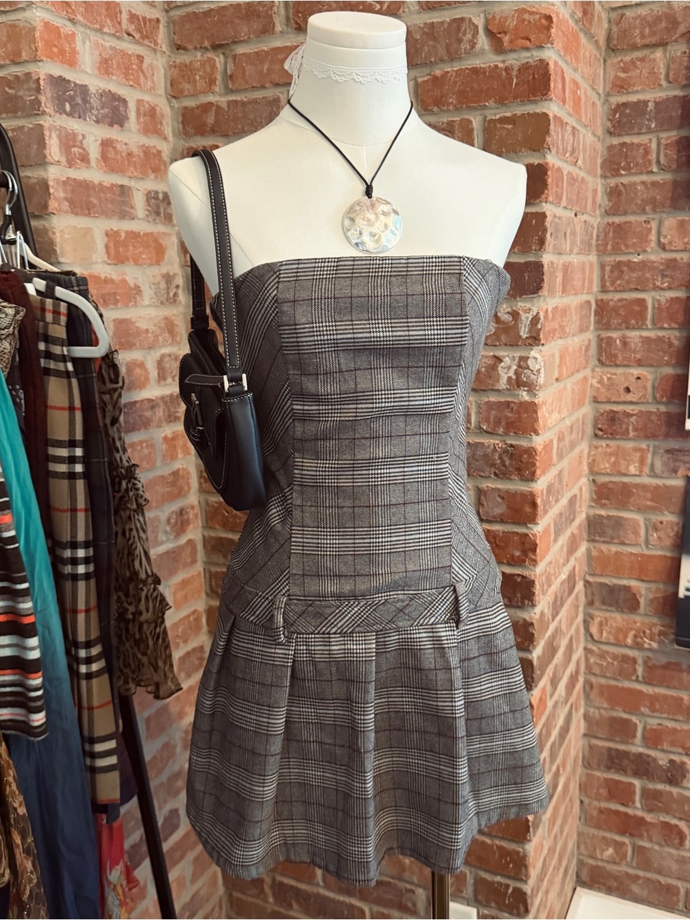 beige plaid strapless mini dress